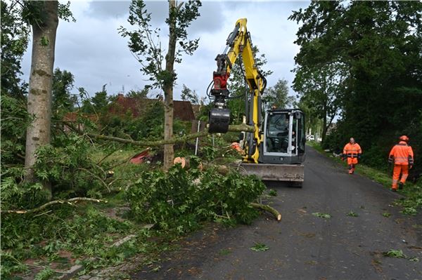 Windhose zieht Spur der Verwüstung durch Großheide Die Aufräumarbeiten haben begonnen. Mitarbeiter des Bauhofes machen die Straßen wieder frei.