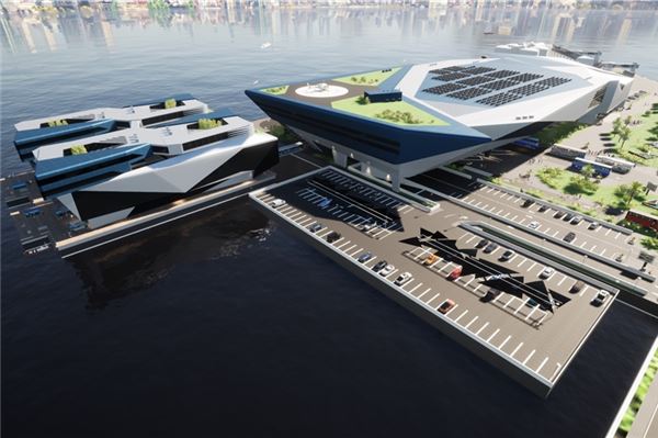 Ein Entwurf eines schwimmenden Kreuzfahrtterminals: Die Meyer Werft will sich neue Märkte abseits vom Schiffbau erschließen. Foto: Meyer Werft