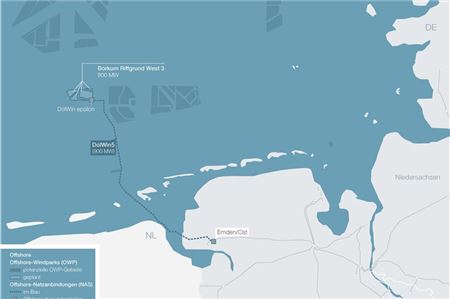 Schematischer Verlauf des Offshore-Netzanbindungsprojekts „DolWin5“. Grafik: TenneT