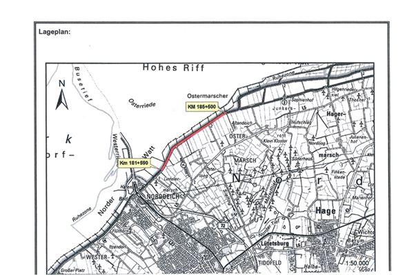 Auf rund vier Kilometern ist der Deich nordöstlich von Norddeich aufgrund einer Baustelle bis Mitte Oktober gesperrt. Karte: Deichacht