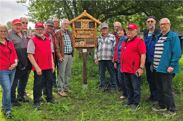 Das Team der Hager SPD mit Hinrich Linnemann (6. v. r.) mit dem neuen Insektenhotel und seinen vielen „Zimmern“.