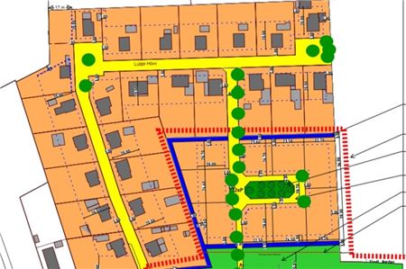 Der rot markierte Bereich (l.) zeigt das geplante Neubaugebiet in Ostermarsch. Entlang der L 5 wird es keine neue Zufahrt geben, doch ein Fahrradweg entsteht dort.