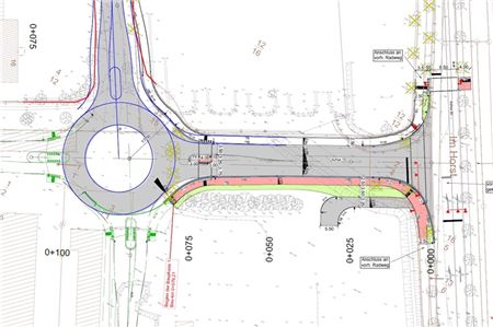 Die Grafik verdeutlicht die neue Verbindung von der Straße Im Horst (rechts) zur Straße Glückauf (oben) und dem neuen Polizeigebäude (unten). Links die geplante Anbindung an das Doornkaat-Quartier.