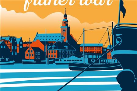 Die Leeraner Skyline ziert das Buchcover. Grafik: Droste-Verlag