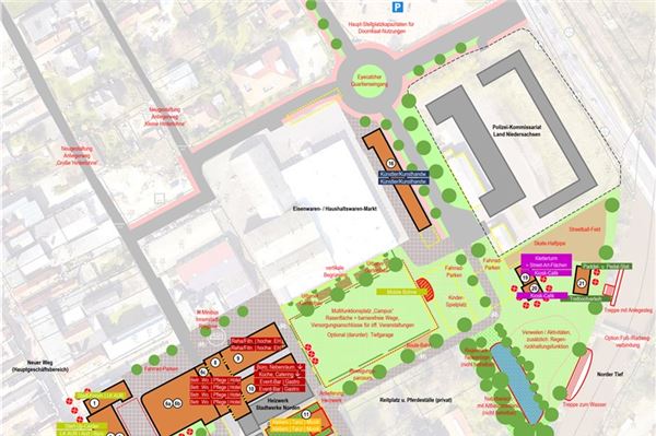 Die schematische Darstellung zeigt, wie sich Verwaltung und Politik die Nutzung des Doornkaat-Geländes vorstellen. Skizze: Stadt Norden