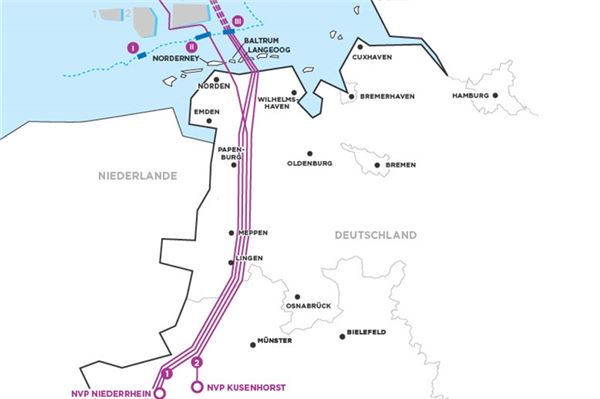Die Seekabel beginnen bei den Windparks in der Nordsee und führen als Erdkabel von der Küste bis zu ihren Netzverknüpfungspunkten in der Metropolregion Rhein-Ruhr. Grafik: Amprion