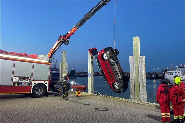 Auto stürzt ins Hafenbecken: Frau und Hund retten sich in Norddeich Die Ursache des Vorfalls ist noch unklar.