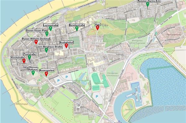 Die zukünftigen Standorte für die neu geplanten Außenaschenbecher. Grafik: Stadt Norderney