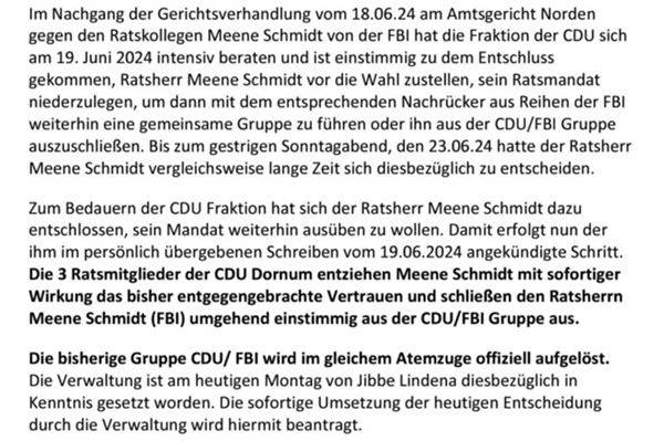 Ein Ausschnitt aus dem Schreiben der Dornumer CDU an Meene Schmidt.