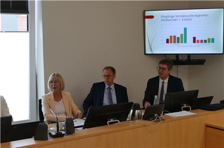 Ihre bisherigen Erfahrungen mit der Digitalisierung sind „weitgehend positiv“, sagen die Präsidentin des Landgerichts Aurich, Frauke Seewald, und ihr Stellvertreter Jan Heinemeier sowie Pressesprecher Markus Gralla (rechts). Foto: Werner Jürgens