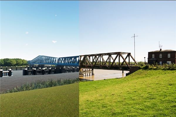 In dieser Simulation ist ersichtlich, wie sich die neue Friesenbrücke in die Struktur der alten einfügt.Foto: Deutsche Bahn
