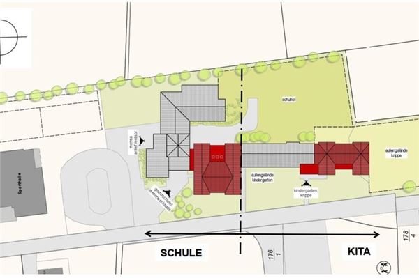 In drei Abschnitten sollen die Arbeiten an dem Schulkomplex durchgeführt werden: Schule, Kita/ Krippe und das Verbindungsstück.Skizze: Gemeinde Großheide