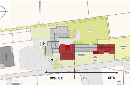 In drei Abschnitten sollen die Arbeiten an dem Schulkomplex durchgeführt werden: Schule, Kita/ Krippe und das Verbindungsstück.Skizze: Gemeinde Großheide