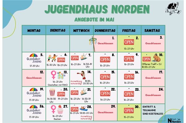 So sieht der Monatsplan des Jugendhauses aus (Achtung: Dies sind die Angebote im Mai gewesen).