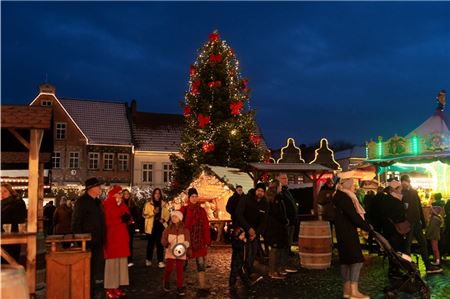 Wie hier in Norden sorgen die festlich geschmückten und beleuchteten Weihnachtsbäume vielerorts für eine feierliche Adventsstimmung. Foto: Meret Edzards-Tschirnke