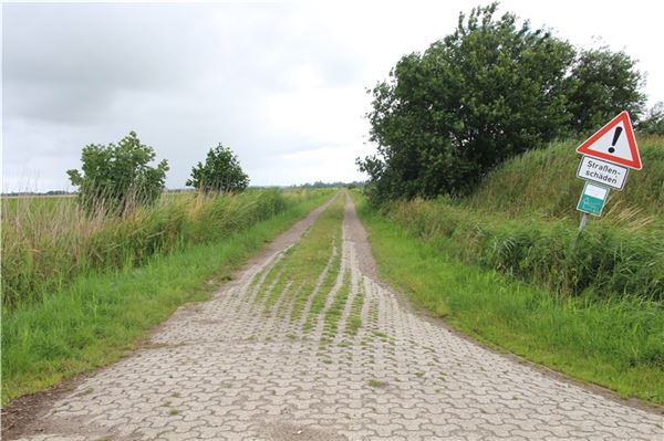 Wohl erst im nächsten Jahr wird der Quadfenner Weg durch die Engerhafer Meeden nach Siegelsum (im Hintergrund) mit neuen Spurplatten versehen und damit auch für Radfahrer wieder attraktiv werden.